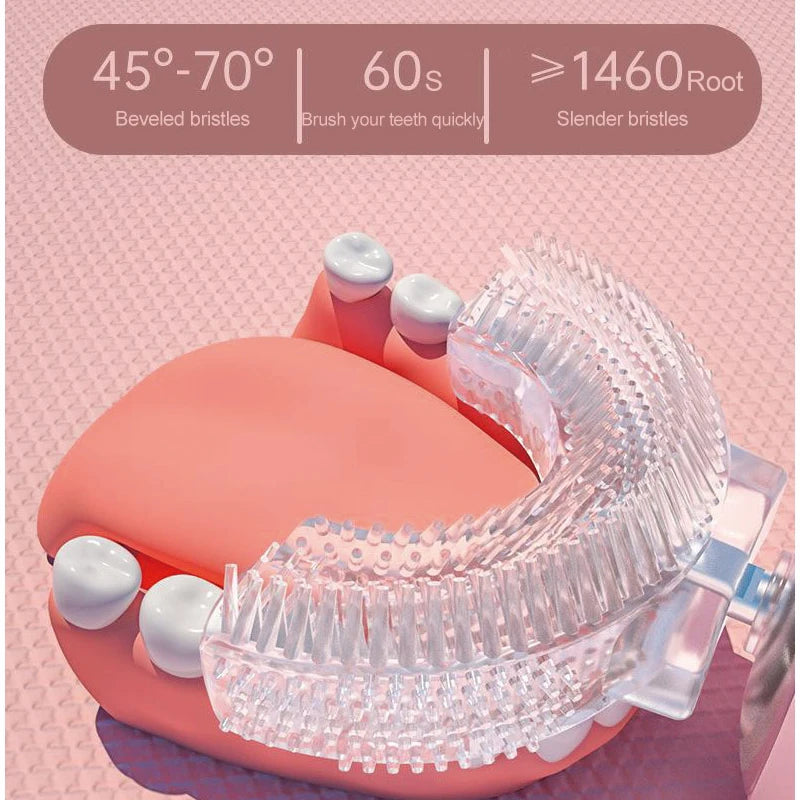 Cepillo Eléctrico Forma U Niños 360° - Cepillo Dientes Automático Recargable Silicona Rosa - Huellitas de Vida