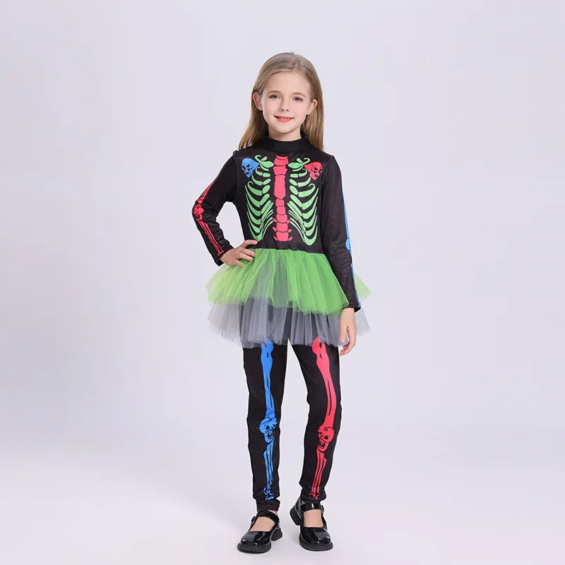 Disfraz Esqueleto Niña Halloween - Vestido Ajustado Colorido Una Pieza - Huellitas de Vida