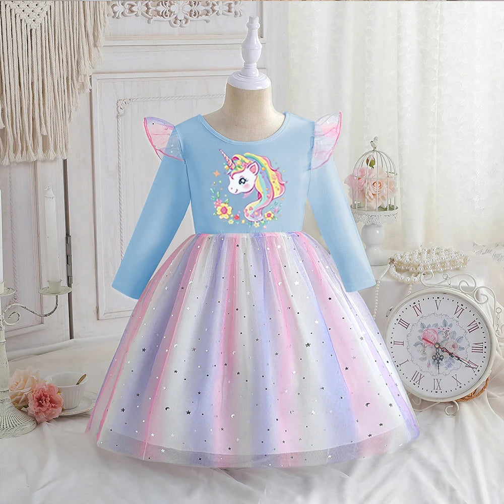 Vestido Unicornio Niña Primavera - Manga Larga Princesa Arcoíris Fiesta - Huellitas de Vida