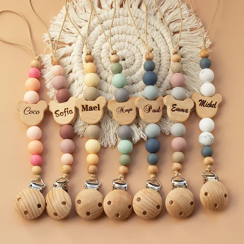 Cadena Chupete Personalizada Madera - Cadena Silicona Nombre Bebé Mordedor Recién Nacido Regalo - Huellitas de Vida