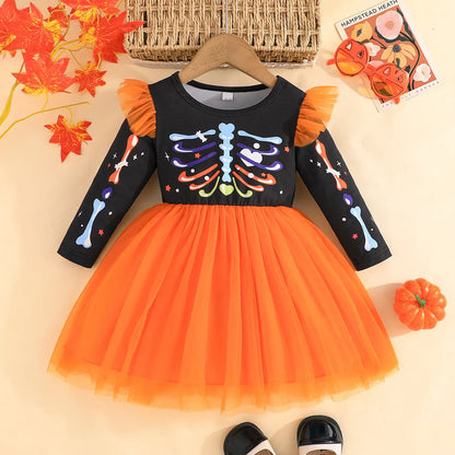Vestido Halloween Niña Esqueleto - Tutú Colorido Hombros Volantes Temático - Huellitas de Vida