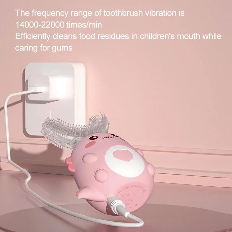 Cepillo Eléctrico Forma U Niños 360° - Cepillo Dientes Automático Recargable Silicona Rosa - Huellitas de Vida