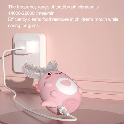 Cepillo Eléctrico Forma U Niños 360° - Cepillo Dientes Automático Recargable Silicona Rosa - Huellitas de Vida
