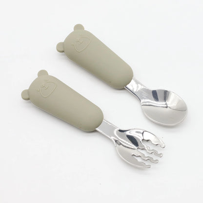 Cubiertos Bebé Acero Inoxidable 304 - Cuchara Tenedor Osito Alimentación Complementaria Segura - Huellitas de Vida