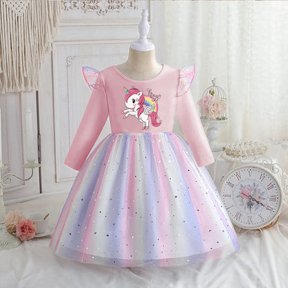 Vestido Unicornio Niña Primavera - Manga Larga Princesa Arcoíris Fiesta - Huellitas de Vida
