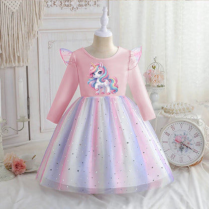 Vestido Unicornio Niña Primavera - Manga Larga Princesa Arcoíris Fiesta - Huellitas de Vida