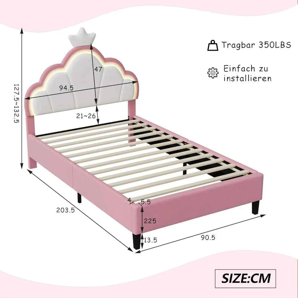 Cama Infantil Princesa 90x200 Acolchada Altura Ajustable - Cabecero Corona LED