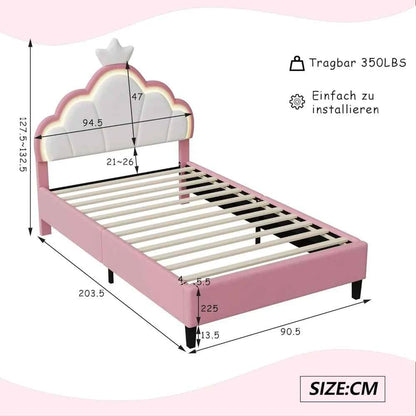 Cama Infantil Princesa 90x200 Acolchada Altura Ajustable - Cabecero Corona LED