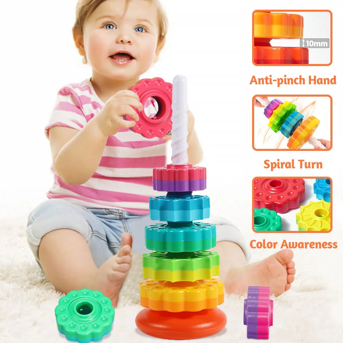Torre Arcoíris Montessori Rotatoria - Juguete Apilable Educativo para Bebé - Huellitas de Vida
