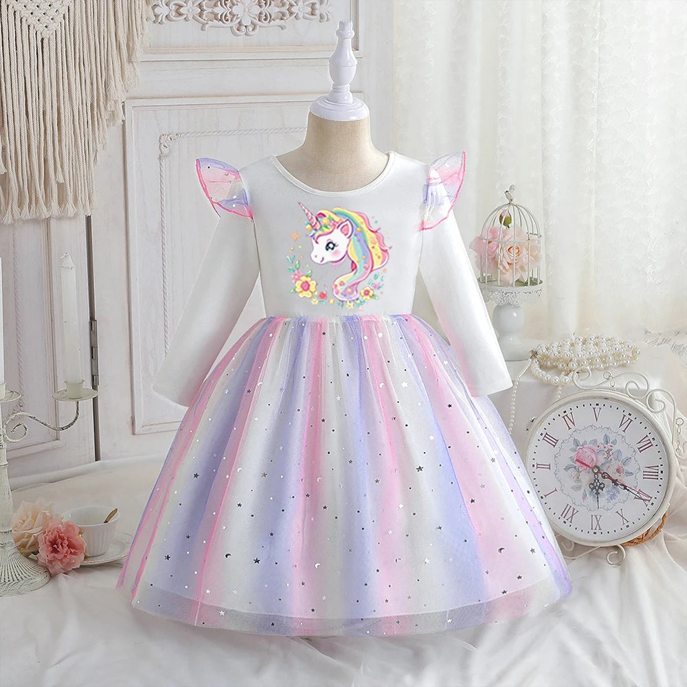 Vestido Unicornio Niña Primavera - Manga Larga Princesa Arcoíris Fiesta - Huellitas de Vida