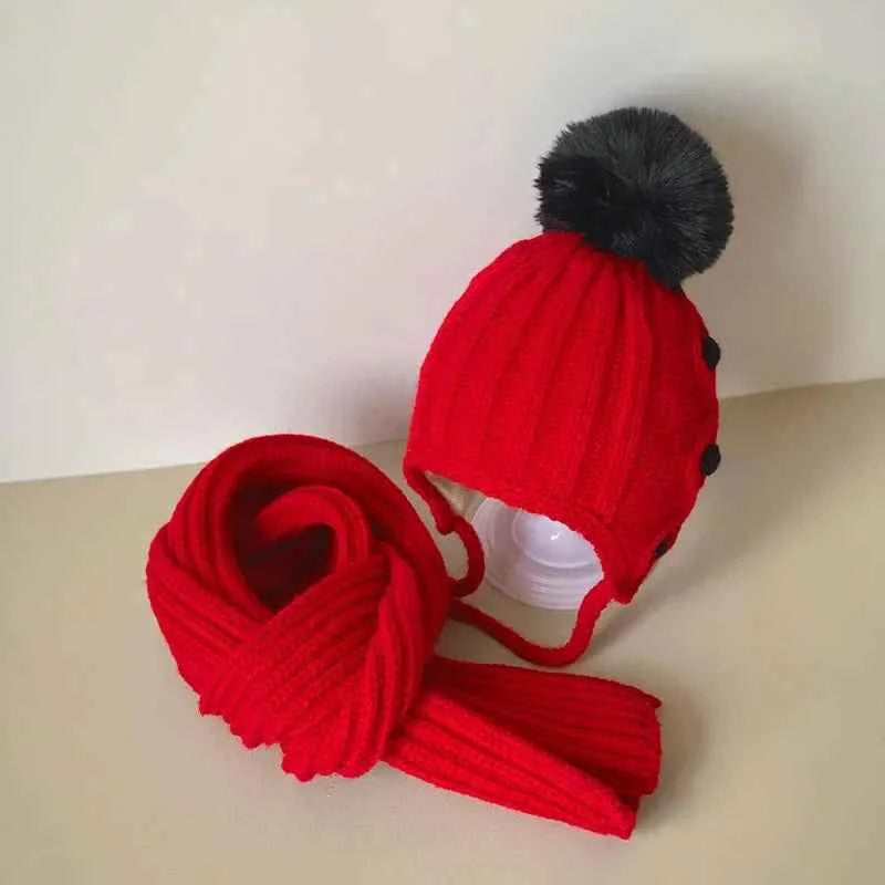 2Pcs Winter Baby Hat Scarf Gloves Set Solid Color Toddler Bonnet Cute Pompom Knitted Hats Outdoor Warm Infant Accessories 1-5Y