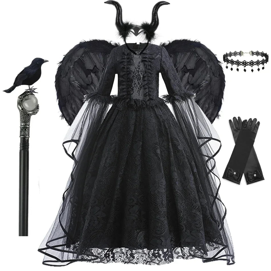 Disfraz Bruja Niña Halloween - Vestido Negro Lujo Encaje Lentejuelas Maleficent - Huellitas de Vida