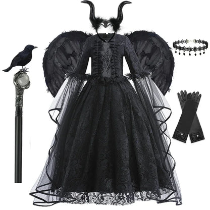 Disfraz Bruja Niña Halloween - Vestido Negro Lujo Encaje Lentejuelas Maleficent - Huellitas de Vida