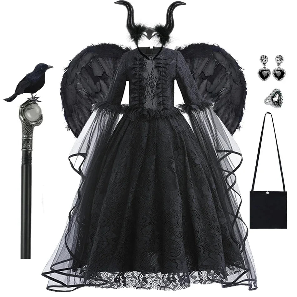 Disfraz Bruja Niña Halloween - Vestido Negro Lujo Encaje Lentejuelas Maleficent - Huellitas de Vida