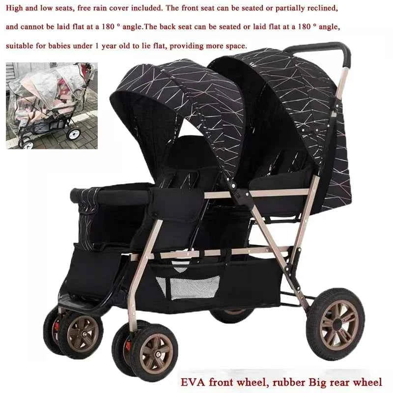 Cochecito Doble Ligero 4 Ruedas - Asientos Delantero y Trasero Plegable con Capota Lluvia Gratis