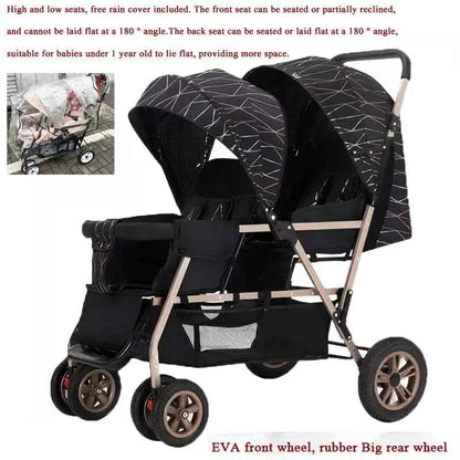 Cochecito Doble Ligero 4 Ruedas - Asientos Delantero y Trasero Plegable con Capota Lluvia Gratis