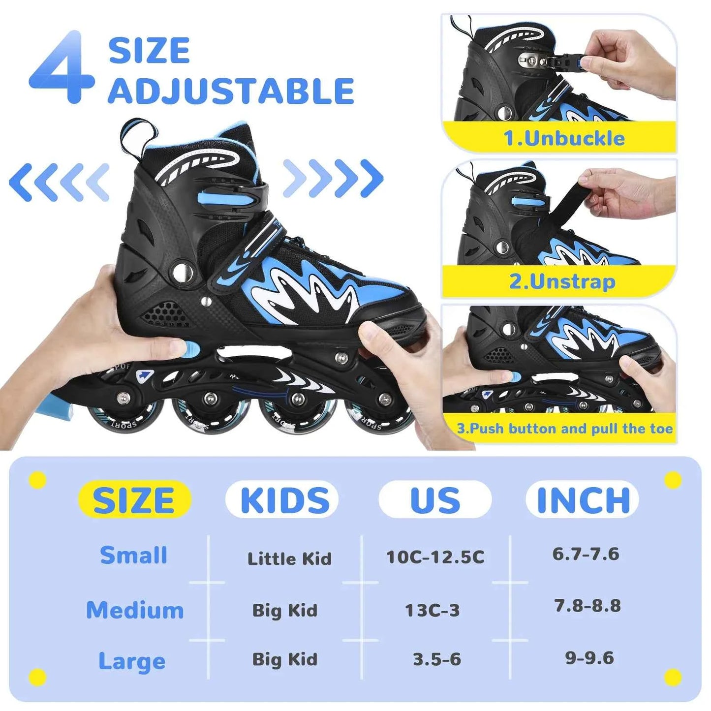 Roller Blades Kids Adjustable Roller Skates with Light-Up Wheels Secure Triple Closure System for Girls Boys Toddler Smooth