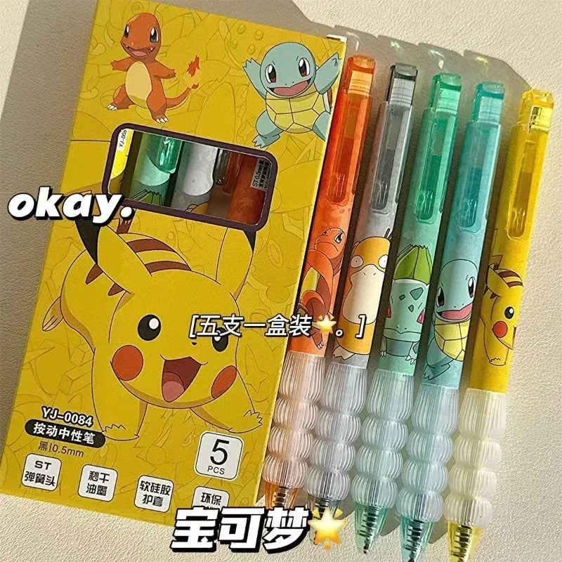 Bolígrafos Gel Pokémon Pikachu 5pcs - Papelería Anime Charmander Squirtle Material Escolar - Huellitas de Vida