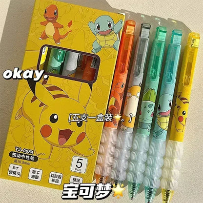 Bolígrafos Gel Pokémon Pikachu 5pcs - Papelería Anime Charmander Squirtle Material Escolar - Huellitas de Vida
