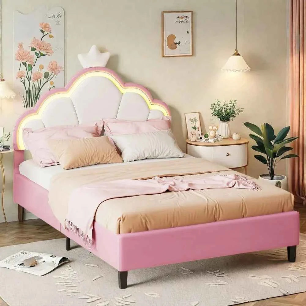 Cama Infantil Princesa 90x200 Acolchada Altura Ajustable - Cabecero Corona LED