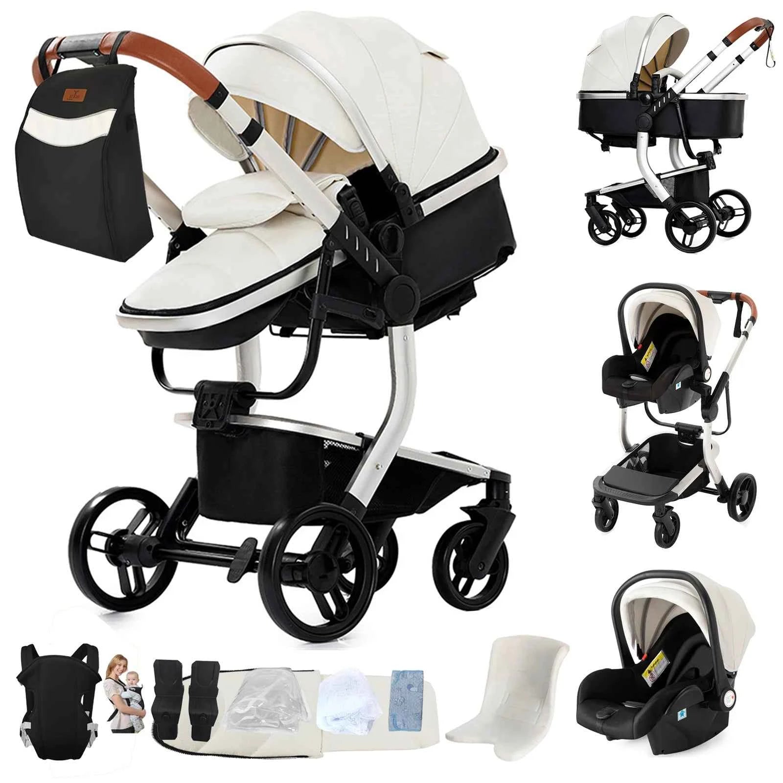 Cochecito Bebé 3 en 1 Silla Coche Piel Impermeable - Sistema Viaje Reclinable Paisaje Alto