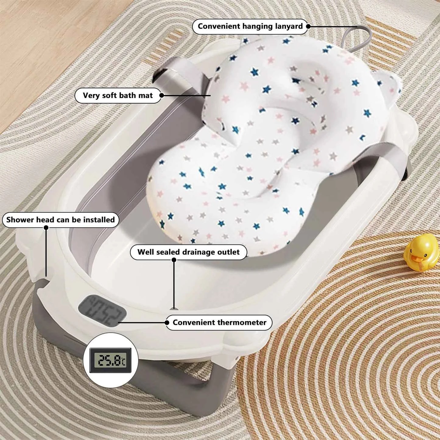Bañera Bebé 3 en 1 Plegable con Soporte - Termómetro Almohada Recién Nacidos Gris