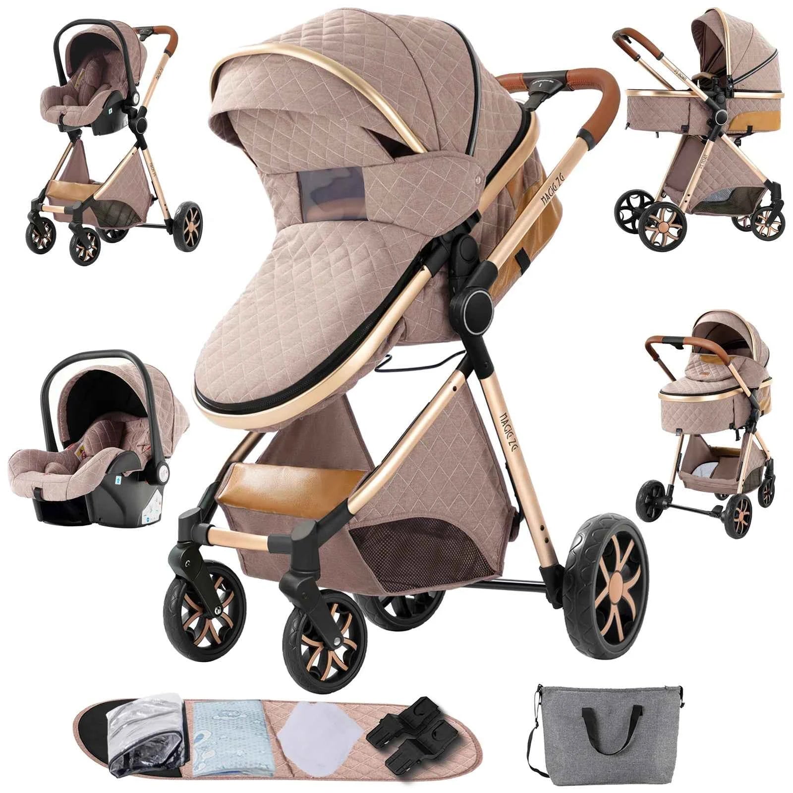 3-in-1 High Landscape Baby Stroller Travel System Bassinet Car Seat Lightweight Frame with One-Hand Folding Feature Baby Items