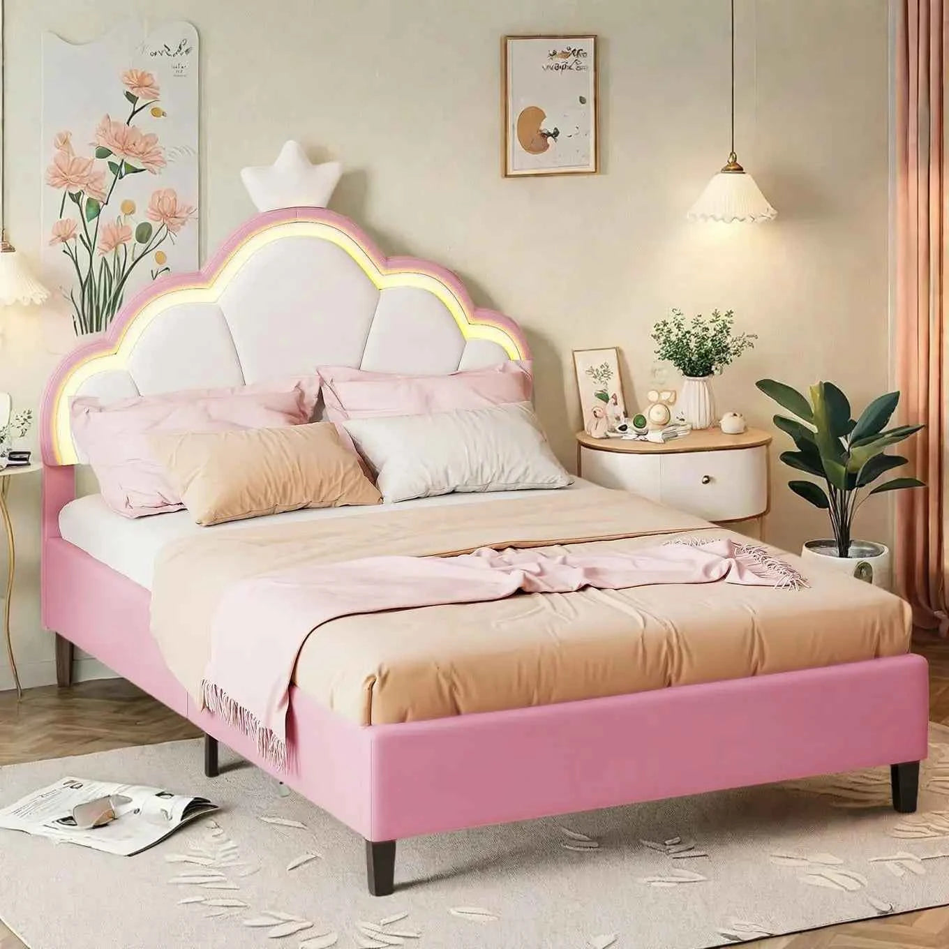 Cama Infantil Princesa 90x200 Acolchada Altura Ajustable - Cabecero Corona LED