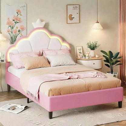 Cama Infantil Princesa 90x200 Acolchada Altura Ajustable - Cabecero Corona LED