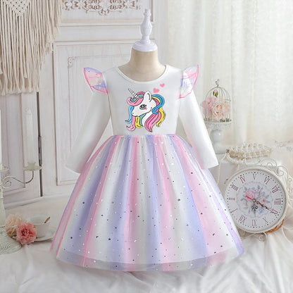 Vestido Unicornio Niña Primavera - Manga Larga Princesa Arcoíris Fiesta - Huellitas de Vida