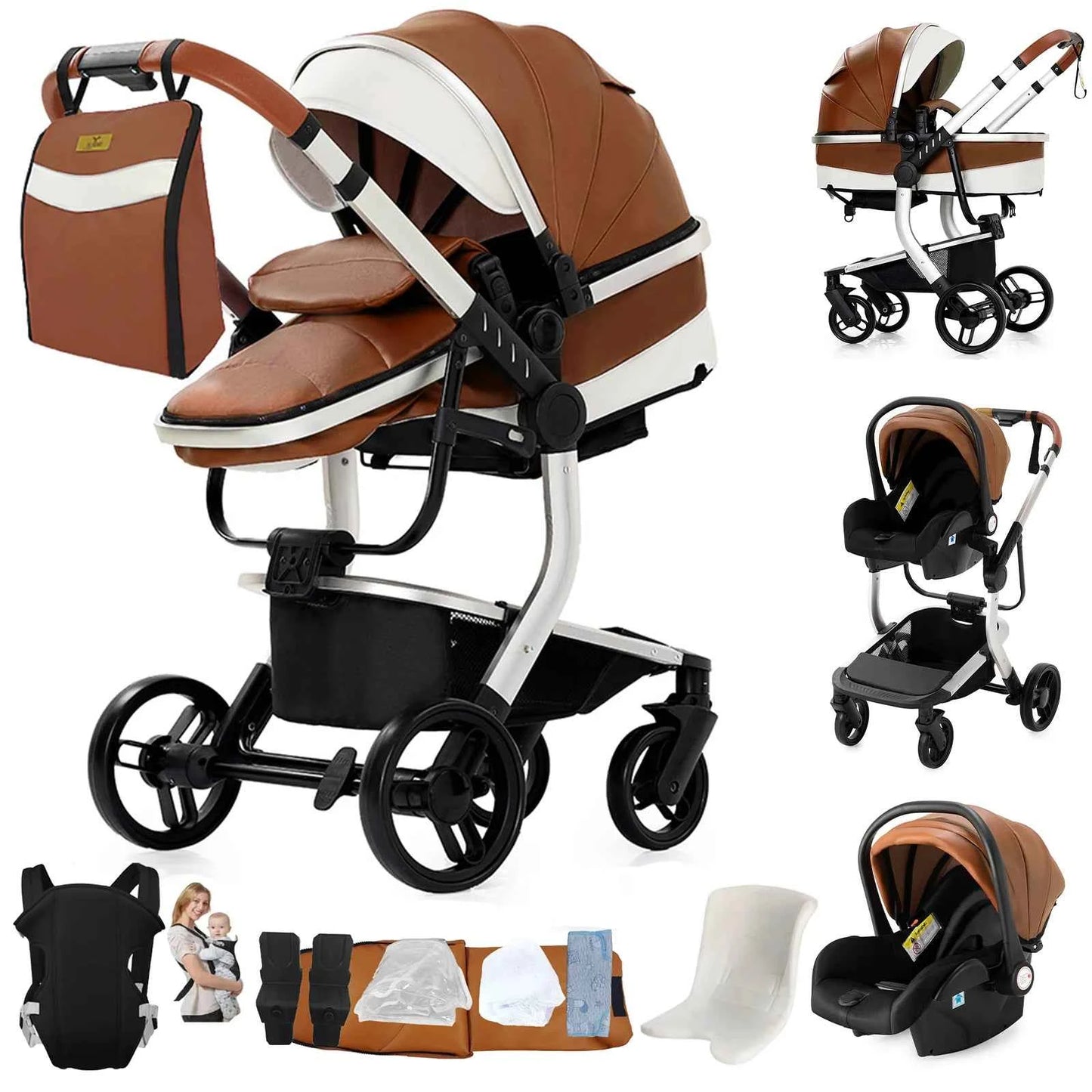 Cochecito Bebé 3 en 1 Silla Coche Piel Impermeable - Sistema Viaje Reclinable Paisaje Alto