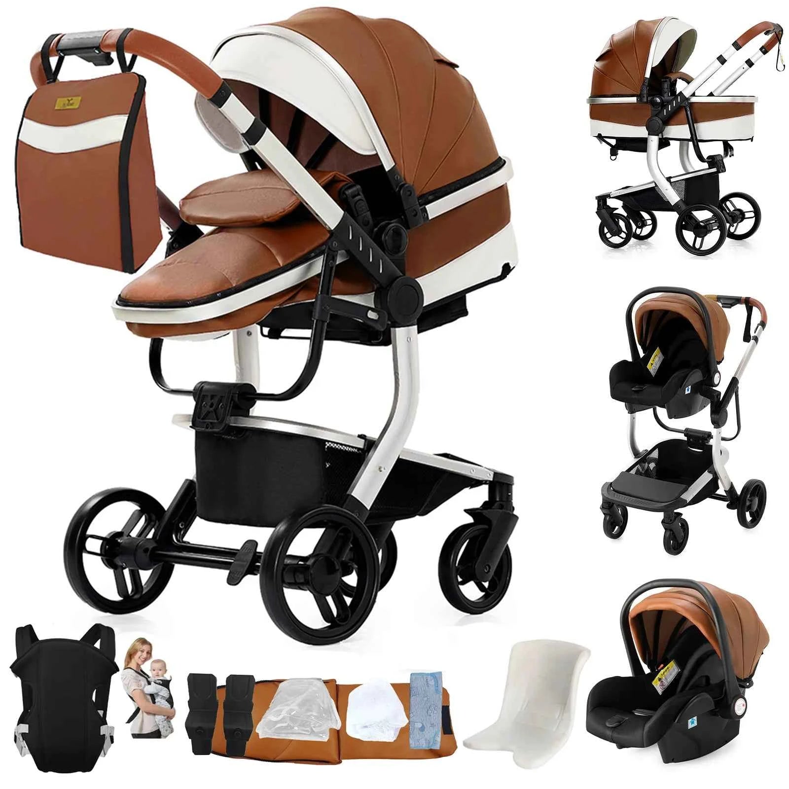 Cochecito Bebé 3 en 1 Silla Coche Piel Impermeable - Sistema Viaje Reclinable Paisaje Alto