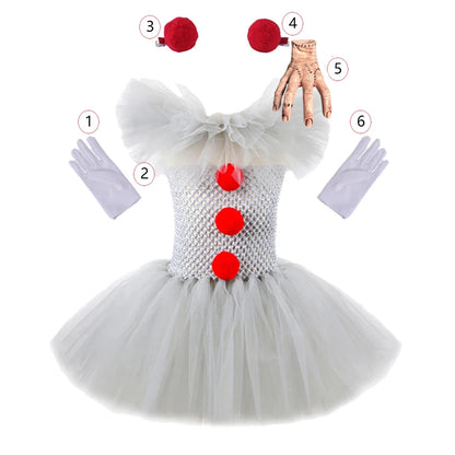 Disfraz Payaso Niña Halloween - Vestido Tutú Gris Cosplay Terror 3-12 Años - Huellitas de Vida
