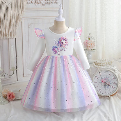 Vestido Unicornio Niña Primavera - Manga Larga Princesa Arcoíris Fiesta - Huellitas de Vida
