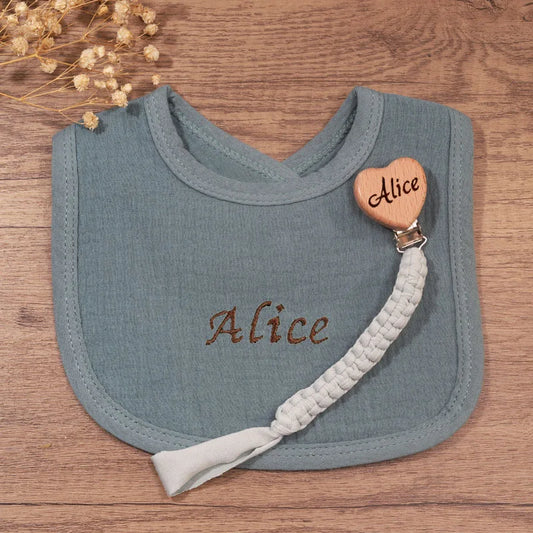 Set Baberos Cadena Chupete Personalizado - Babero Algodón Bordado Nombre Regalo Bautizo Baby Shower - Huellitas de Vida