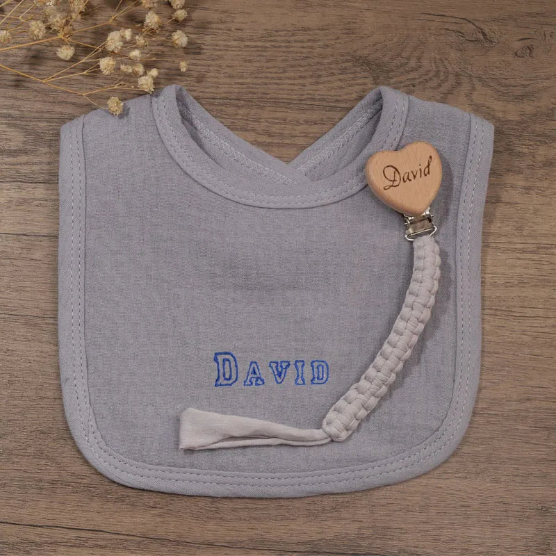 Set Baberos Cadena Chupete Personalizado - Babero Algodón Bordado Nombre Regalo Bautizo Baby Shower - Huellitas de Vida