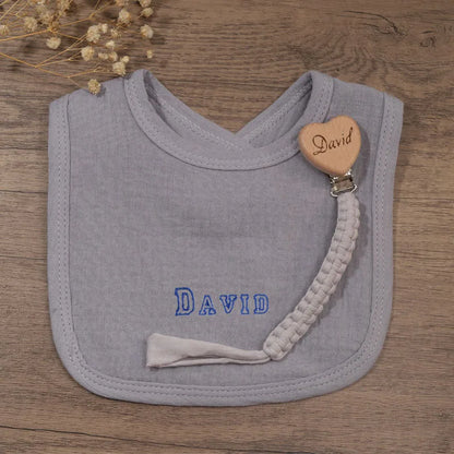 Set Baberos Cadena Chupete Personalizado - Babero Algodón Bordado Nombre Regalo Bautizo Baby Shower - Huellitas de Vida
