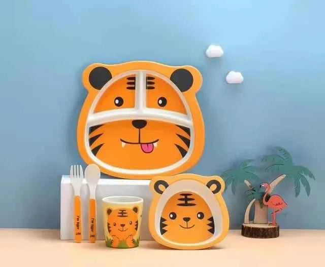 Vajilla Infantil Bambú Natural 5 Piezas - Plato Bowl Cubiertos Dibujos Animados Bebé