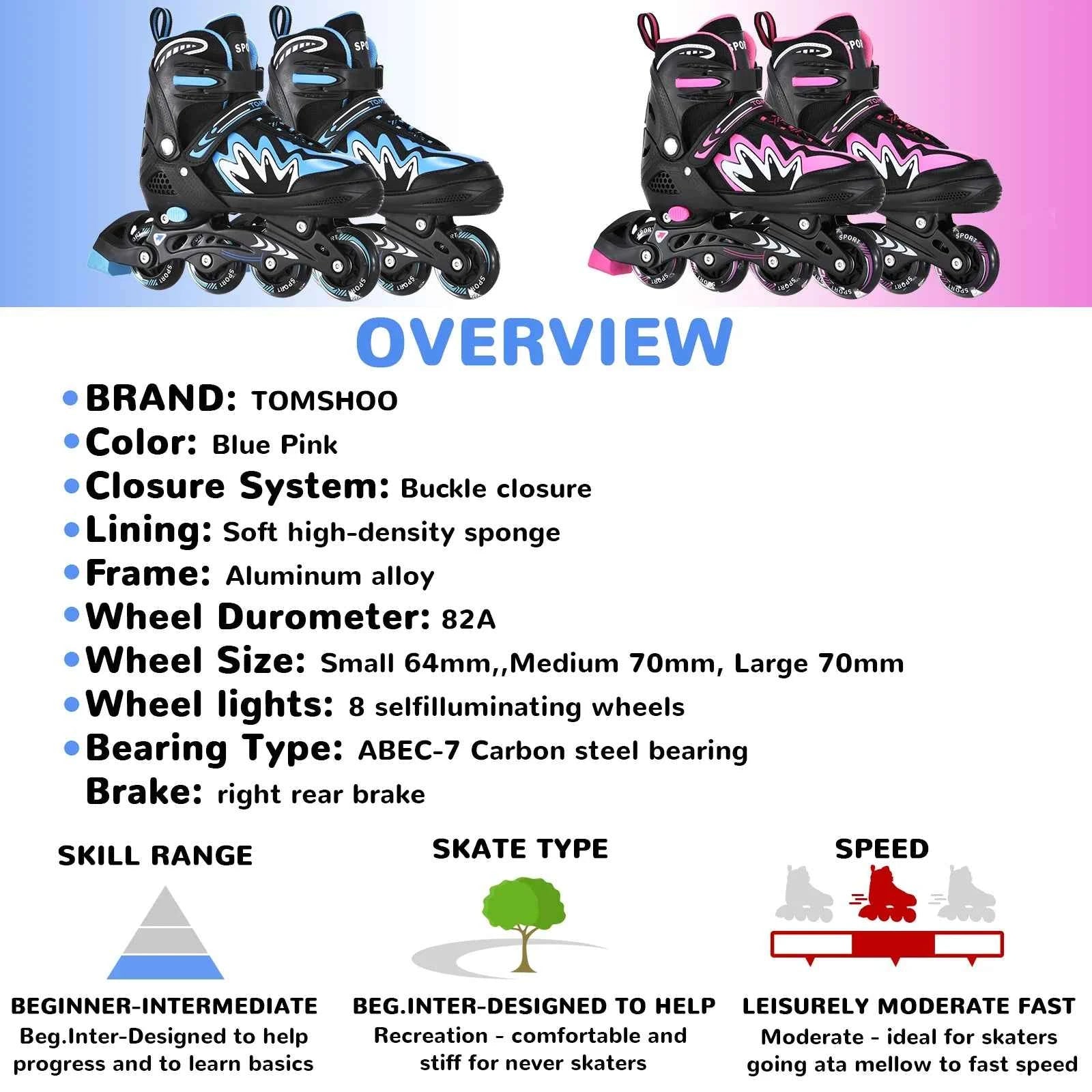 Roller Blades Kids Adjustable Roller Skates with Light-Up Wheels Secure Triple Closure System for Girls Boys Toddler Smooth
