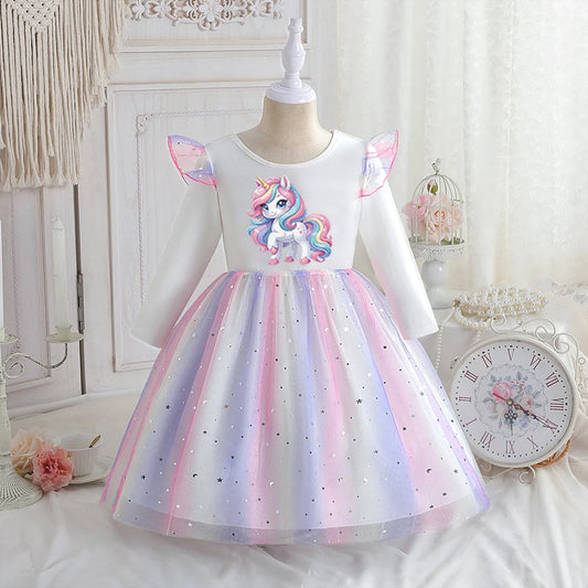 Vestido Unicornio Niña Primavera - Manga Larga Princesa Arcoíris Fiesta - Huellitas de Vida