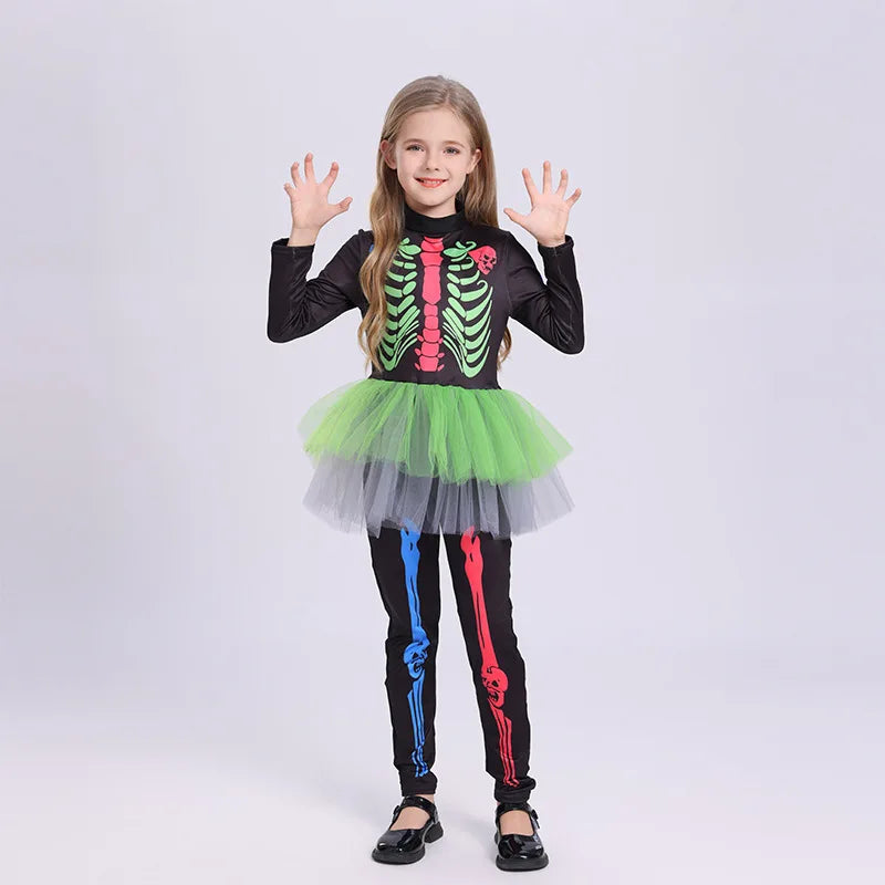 Disfraz Esqueleto Niña Halloween - Vestido Ajustado Colorido Una Pieza - Huellitas de Vida