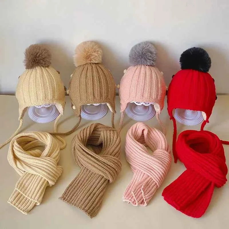 2Pcs Winter Baby Hat Scarf Gloves Set Solid Color Toddler Bonnet Cute Pompom Knitted Hats Outdoor Warm Infant Accessories 1-5Y
