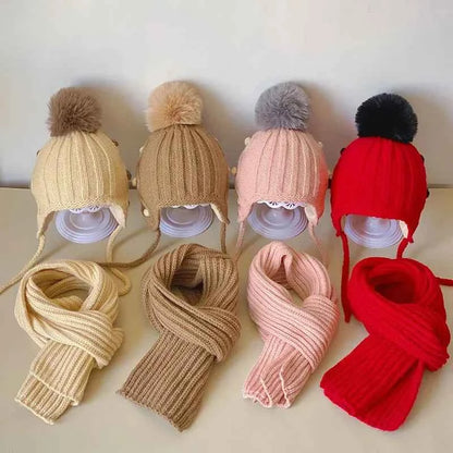 2Pcs Winter Baby Hat Scarf Gloves Set Solid Color Toddler Bonnet Cute Pompom Knitted Hats Outdoor Warm Infant Accessories 1-5Y