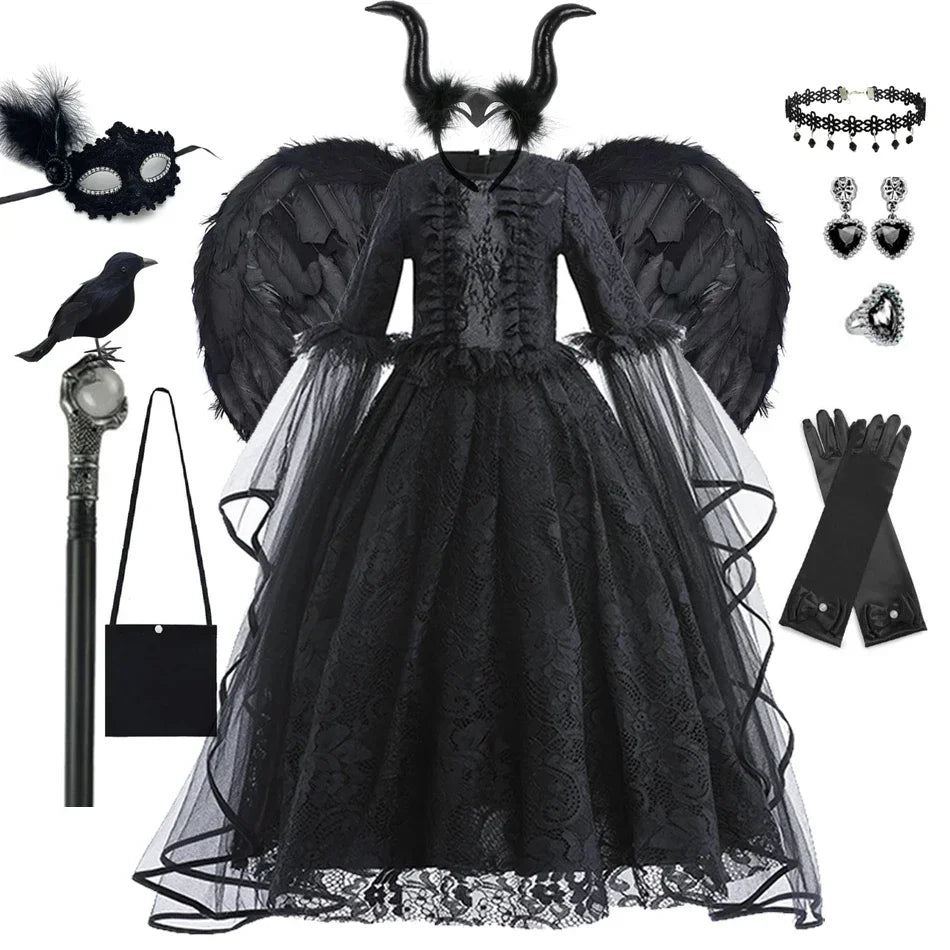Disfraz Bruja Niña Halloween - Vestido Negro Lujo Encaje Lentejuelas Maleficent - Huellitas de Vida