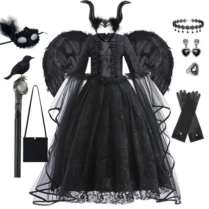 Disfraz Bruja Niña Halloween - Vestido Negro Lujo Encaje Lentejuelas Maleficent - Huellitas de Vida
