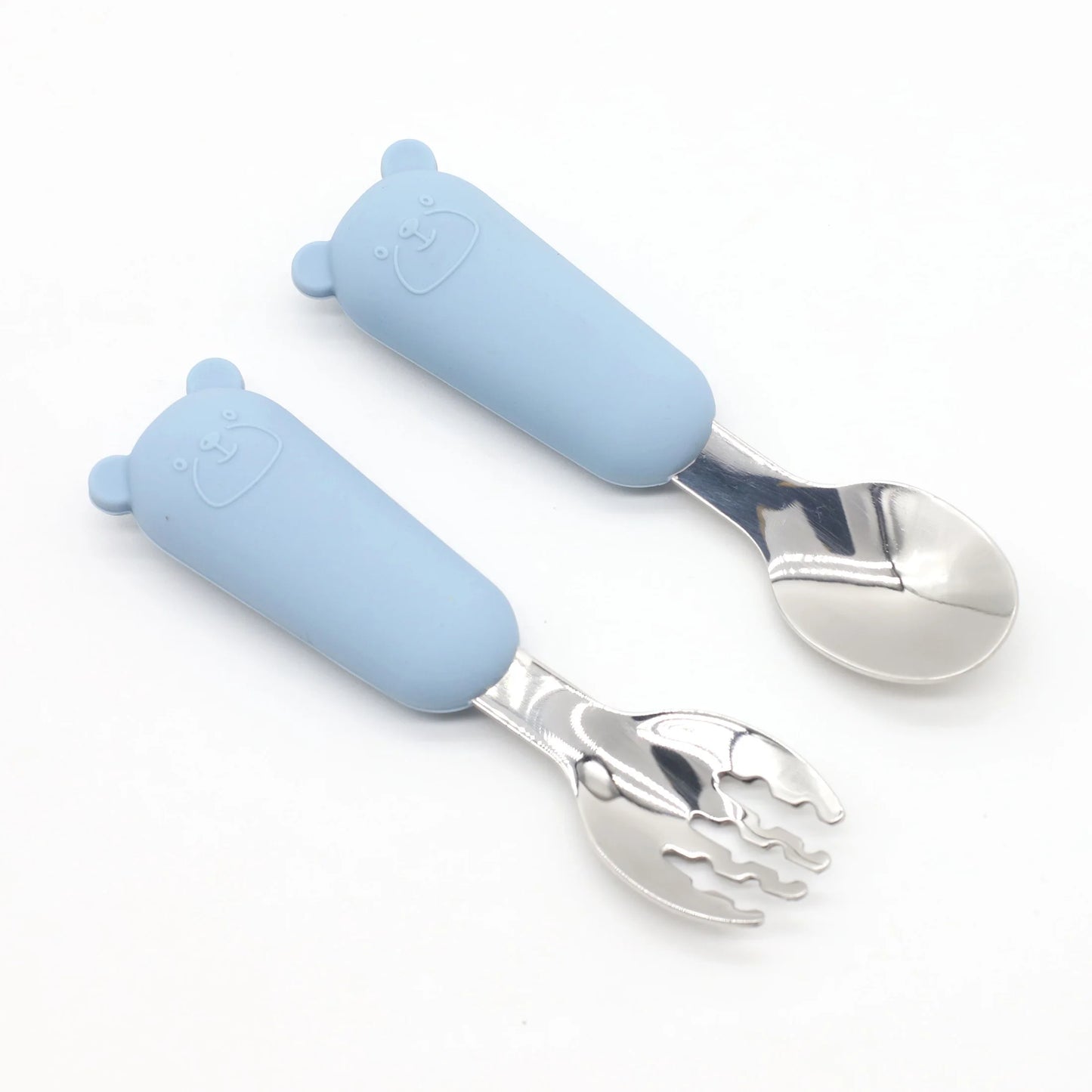 Cubiertos Bebé Acero Inoxidable 304 - Cuchara Tenedor Osito Alimentación Complementaria Segura - Huellitas de Vida
