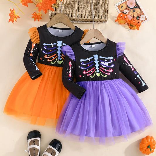 Vestido Halloween Niña Esqueleto - Tutú Colorido Hombros Volantes Temático - Huellitas de Vida