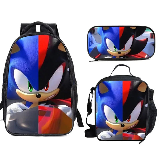 Set Mochila Sonic 3 Piezas - Mochila Escolar + Bolsa Almuerzo + Estuche - Huellitas de Vida