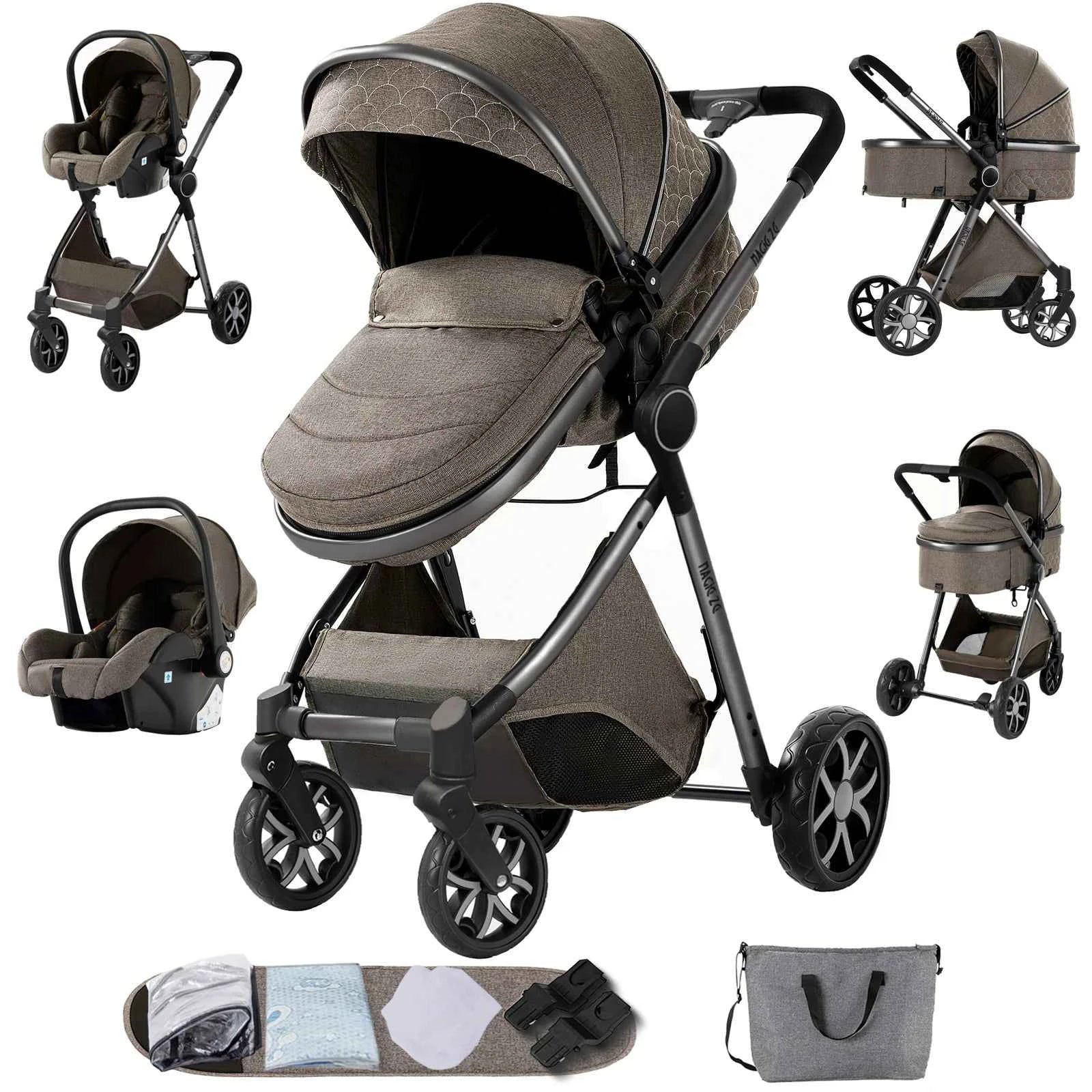 3-in-1 High Landscape Baby Stroller Travel System Bassinet Car Seat Lightweight Frame with One-Hand Folding Feature Baby Items