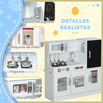 Cocina Juguete Madera Niños 3+ Años Accesorios - Pizarra Heladera Teléfono Blanca
